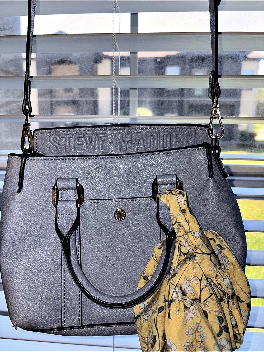 Steve Madden Bsiya Logo Embossed Shoulder Bag Gray & Yellow